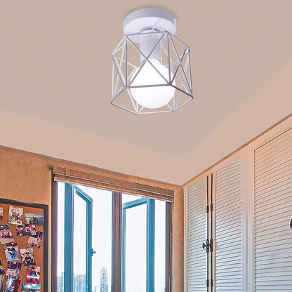 White geometric cage-style ceiling light with frosted bulb for decorbites industrial e27 ceiling lamp modern living room decor