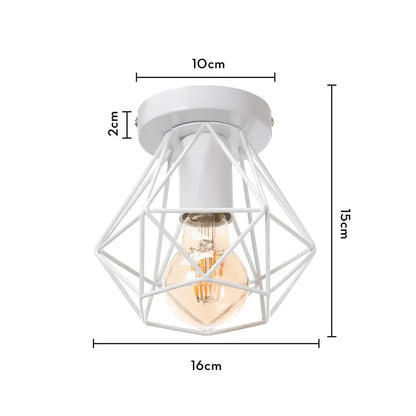White geometric cage-style industrial e27 ceiling lamp with visible filament bulb for modern living room decorbites industrial e27