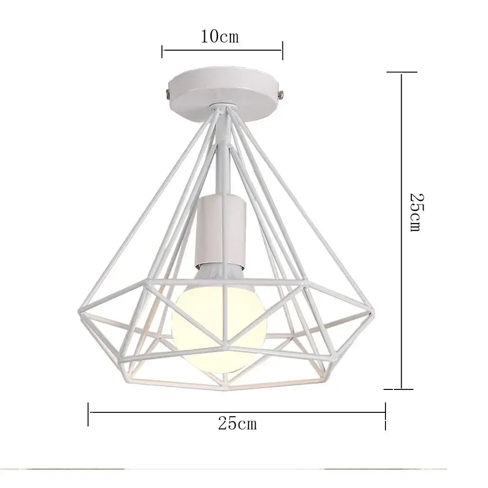 White geometric wireframe industrial e27 ceiling lamp with diamond cage design and exposed bulb for modern living room decorbites