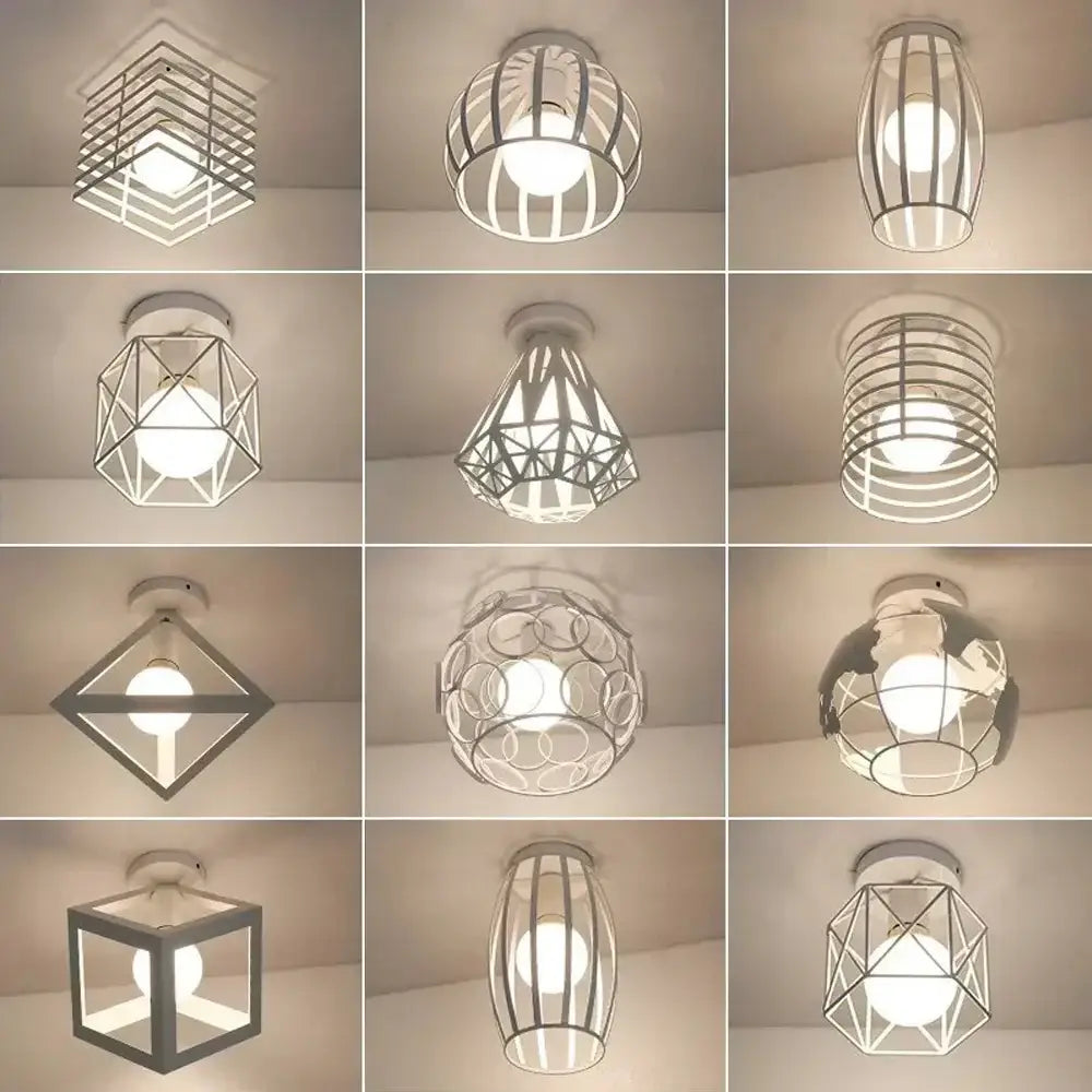 A collection of industrial e27 ceiling lamps with modern geometric white metal frames and frosted glass bulbs for living room decor