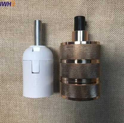 Brass-finished industrial e27 socket lamp holder with textured metallic bands and black top cap for kitchen decorbites light base