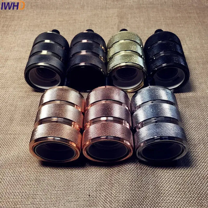 Set of eight metallic camera lens caps in black rose gold and silver finishes for decorbites industrial e27 socket lamp holder