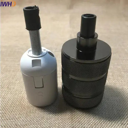 Two industrial e27 socket lamp holders by decorbites in silver and matte black with threaded metal stem and textured grip bands