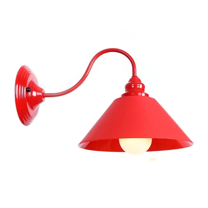Vibrant red metal industrial edison red led wall lamp with curved arm and conical shade for bedroom vintage sconce