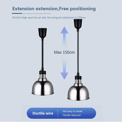 Adjustable black and stainless steel industrial electric heat lamp pendant light with flexible coiled wire extension decorbites industrial electric decor