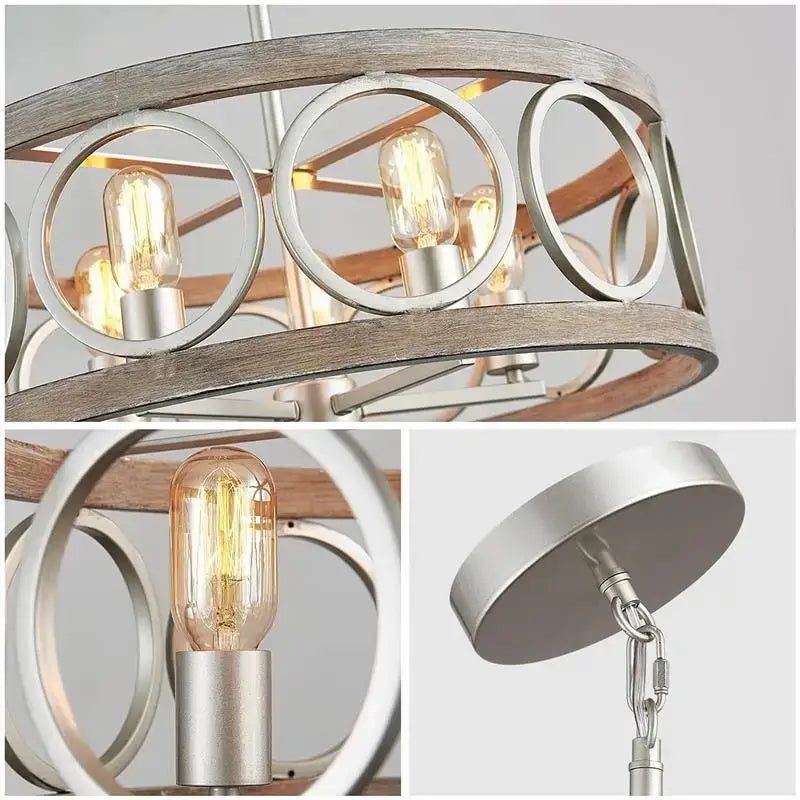 Decorbites industrial farmhouse chandelier with weathered wood frame black metal rings and vintage edison bulbs for dining room light