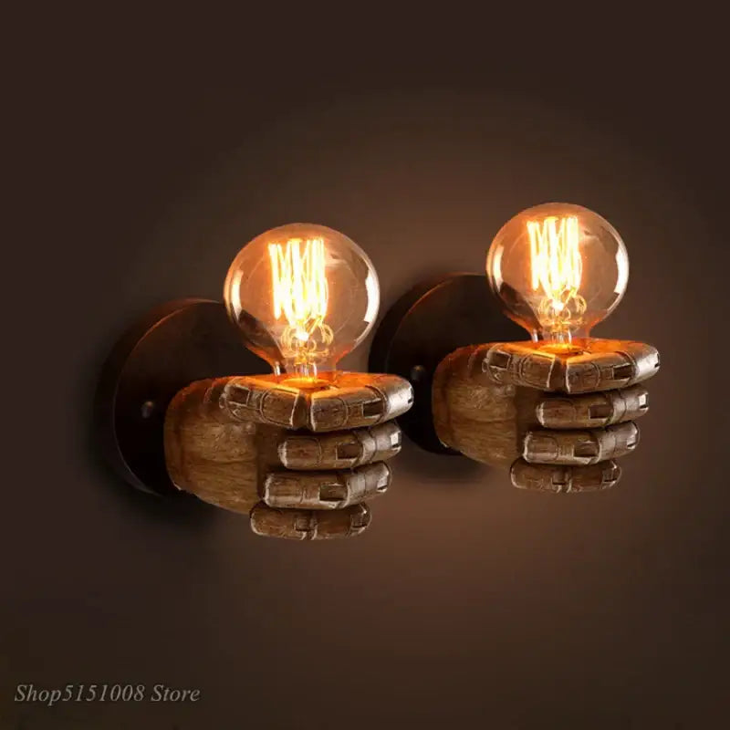 Pair of rustic wooden hand-shaped wall lamps with vintage edison bulbs decorbites industrial fist resin wall lamp