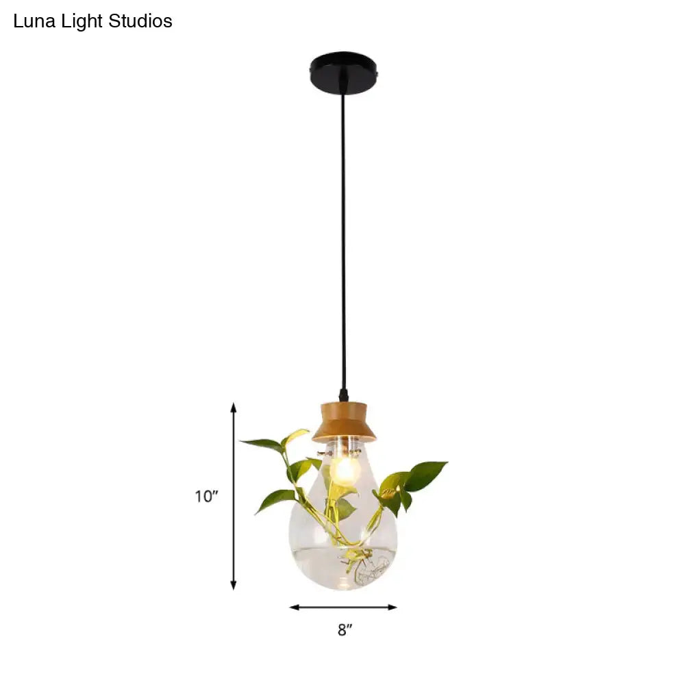 Industrial glass and wood pendant light kit with clear glass, wooden cap, exposed bulb, and vine for dining room use