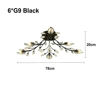 Black wrought iron industrial gold crystal leaf led ceiling light fixture with six g9 bulbs and delicate embellishments