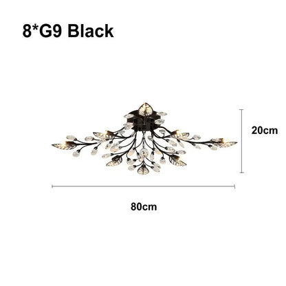 Black leaf-themed ceiling light fixture with crystal accents and eight g9 bulbs for leaf led ceiling decorbites crystal leaf