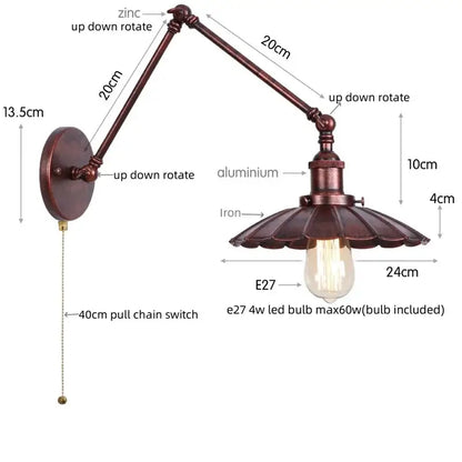 Antique bronze-finished industrial wall lamp with fluted iron shade and pull chain switch for bedroom use