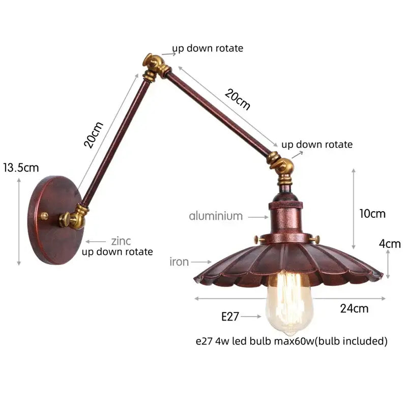 Industrial gold fluted wall lamp with pull chain switch featuring adjustable zinc and aluminum arms and scalloped shade