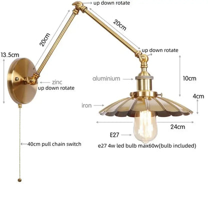 Industrial gold fluted wall lamp with brass finish adjustable sconce and pull chain switch for bedroom lighting