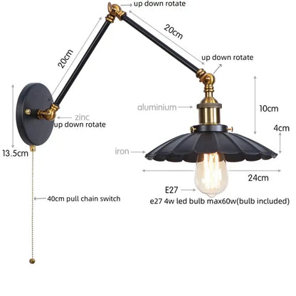 Black iron and brass industrial gold wall lamp with fluted shade and pull chain switch for bedroom use
