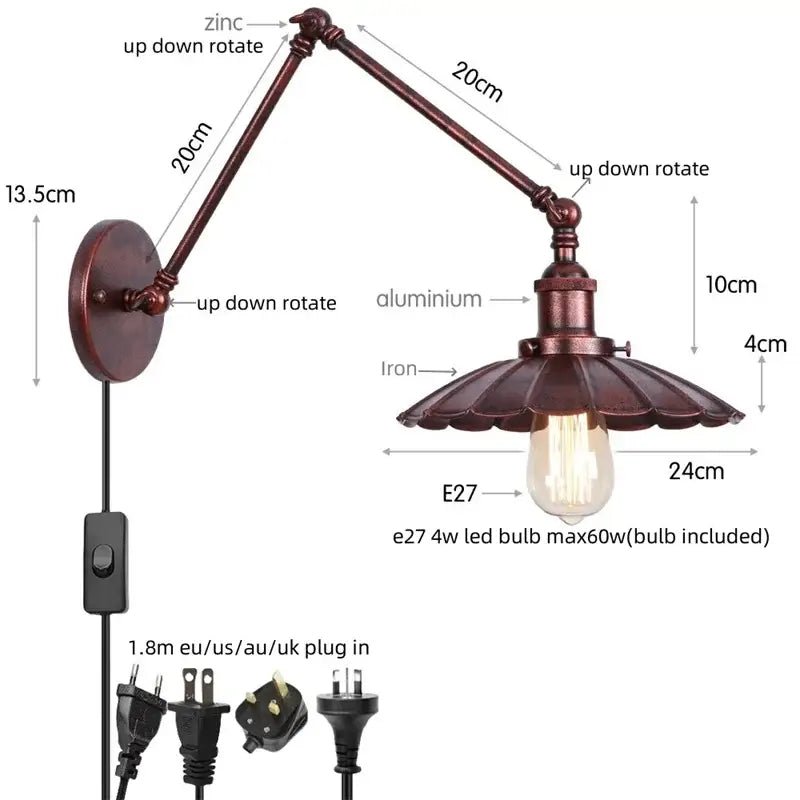 Industrial gold fluted wall lamp with bronze-finished arm iron shade and e27 led bulb featuring pull chain switch