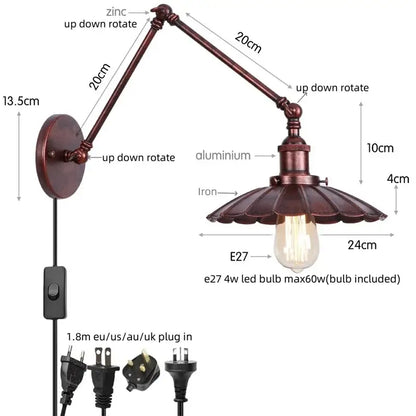 Industrial gold fluted wall lamp with bronze-finished arm iron shade and e27 led bulb featuring pull chain switch