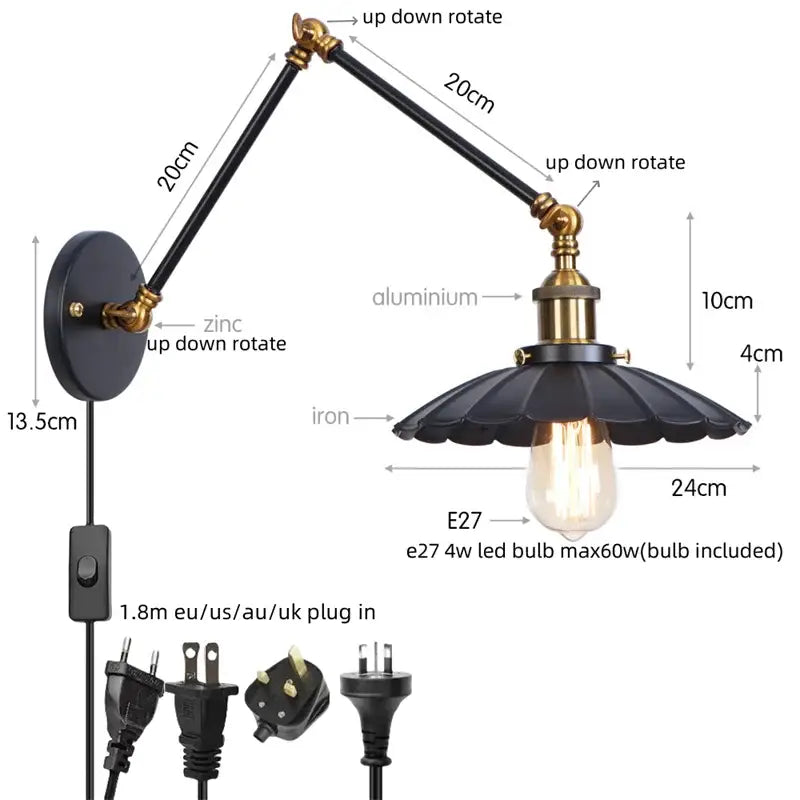 Black wrought iron and brass industrial gold wall lamp with fluted shade and pull chain switch bedroom sconce
