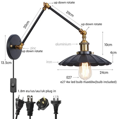 Black wrought iron and brass industrial gold wall lamp with fluted shade and pull chain switch bedroom sconce