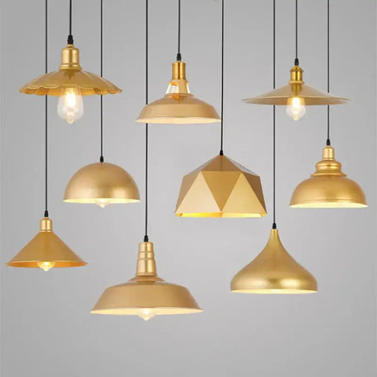 Gold wrought iron pendant light featuring industrial style geometric shapes and exposed bulbs for dining room decorbites gold wrought