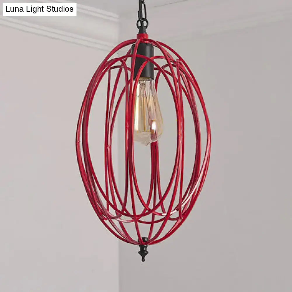Red wireframe decorbites™ industrial gray red oval cage pendant light with exposed edison bulb and adjustable chain 110v-120v 220v-240v