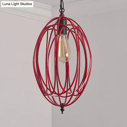 Red wire gray red oval cage pendant light with exposed edison bulb and adjustable black metal chain for 110v-120v 220v-240v use