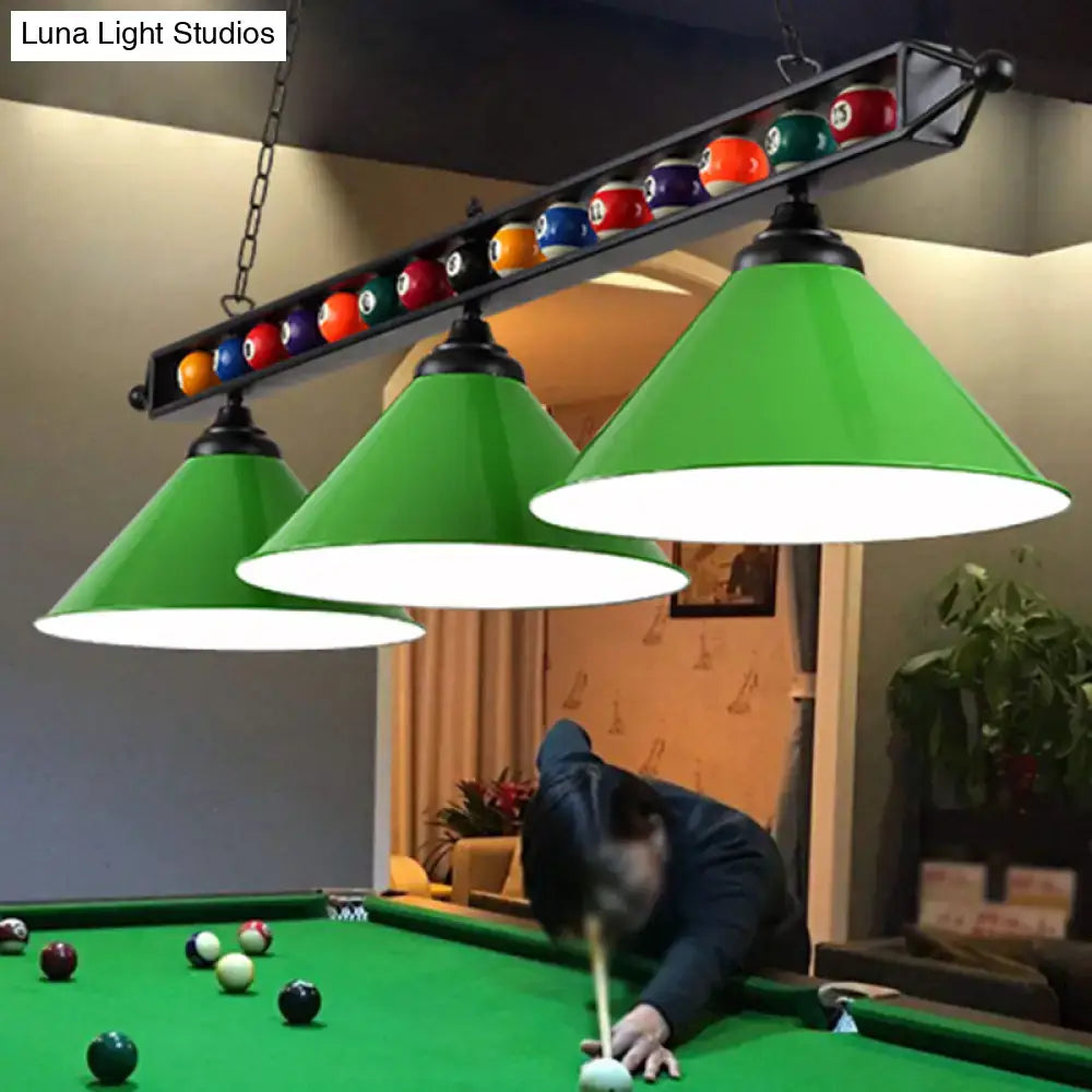 Green conical metal billiard lamp with black fixtures and colorful pool balls for country club island lighting