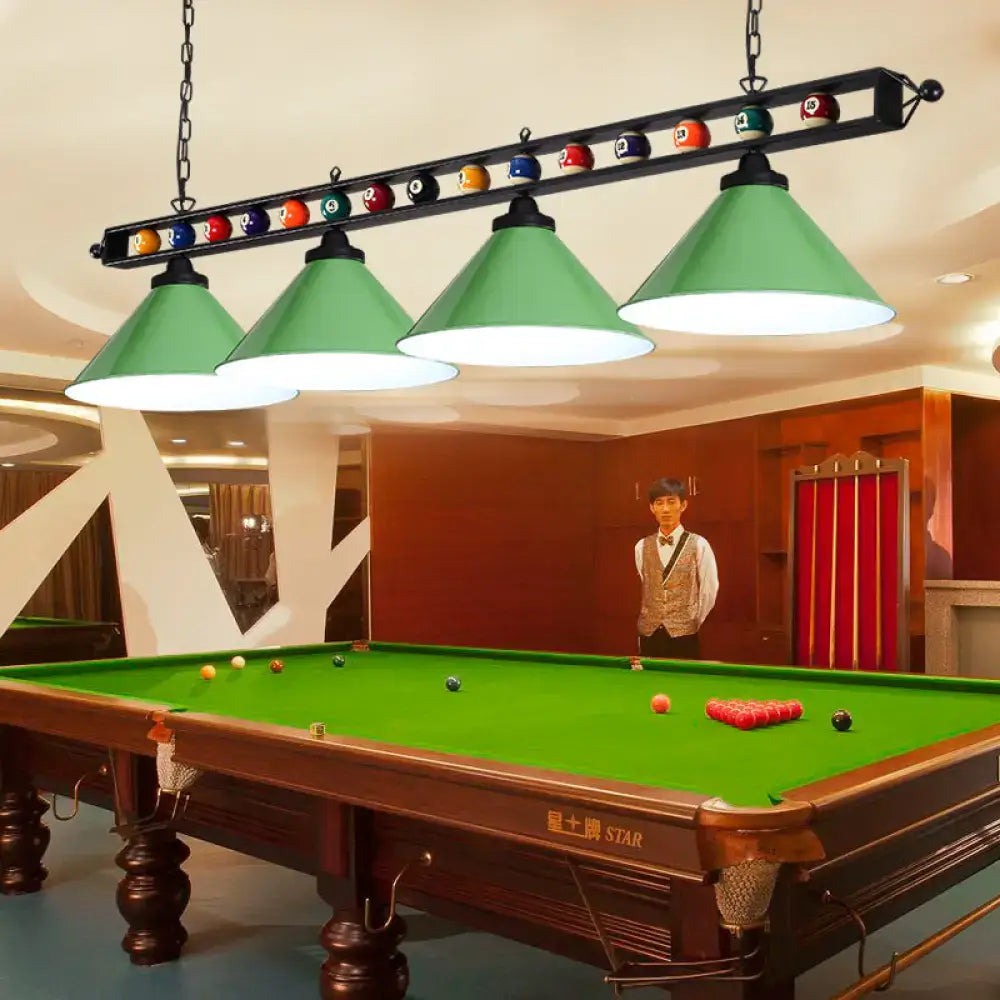 Decorbites™ industrial green conical metal billiard lamp with black frame and pool balls country club island light