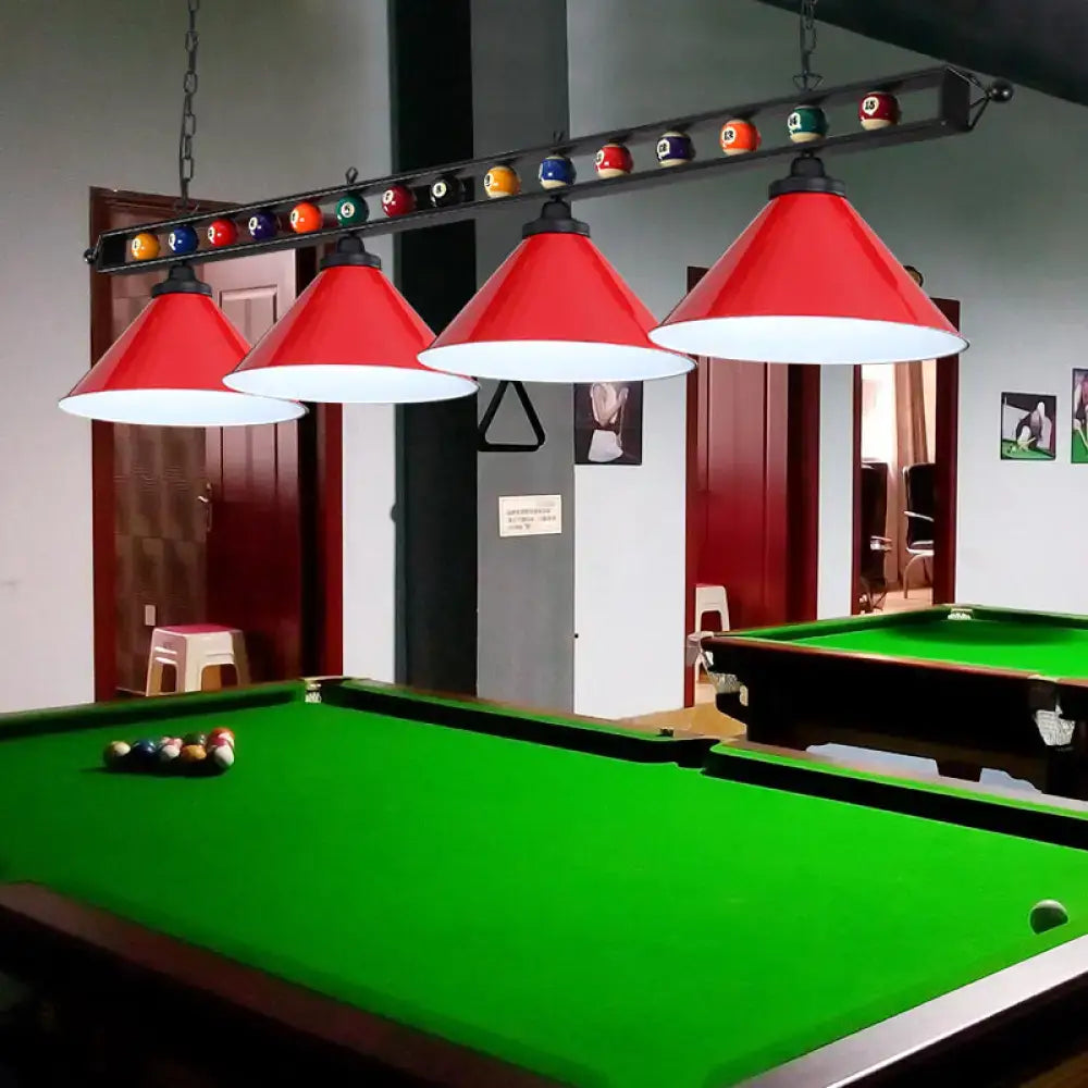 Red conical metal billiard lamp with white interiors and colorful balls on black bar for country club island lighting