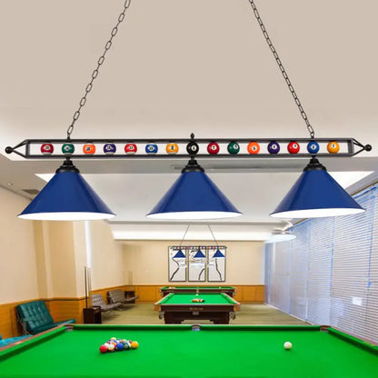 Blue conical metal billiard lamp with black chains and colorful balls decorative bar for country club island use
