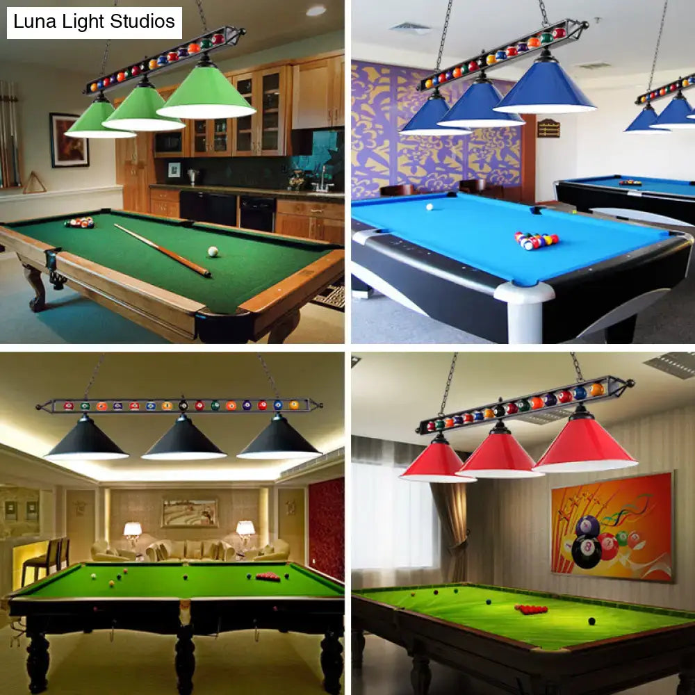 Set of four DecorBites industrial metal billiard lamps with colorful conical shades and club island light design
