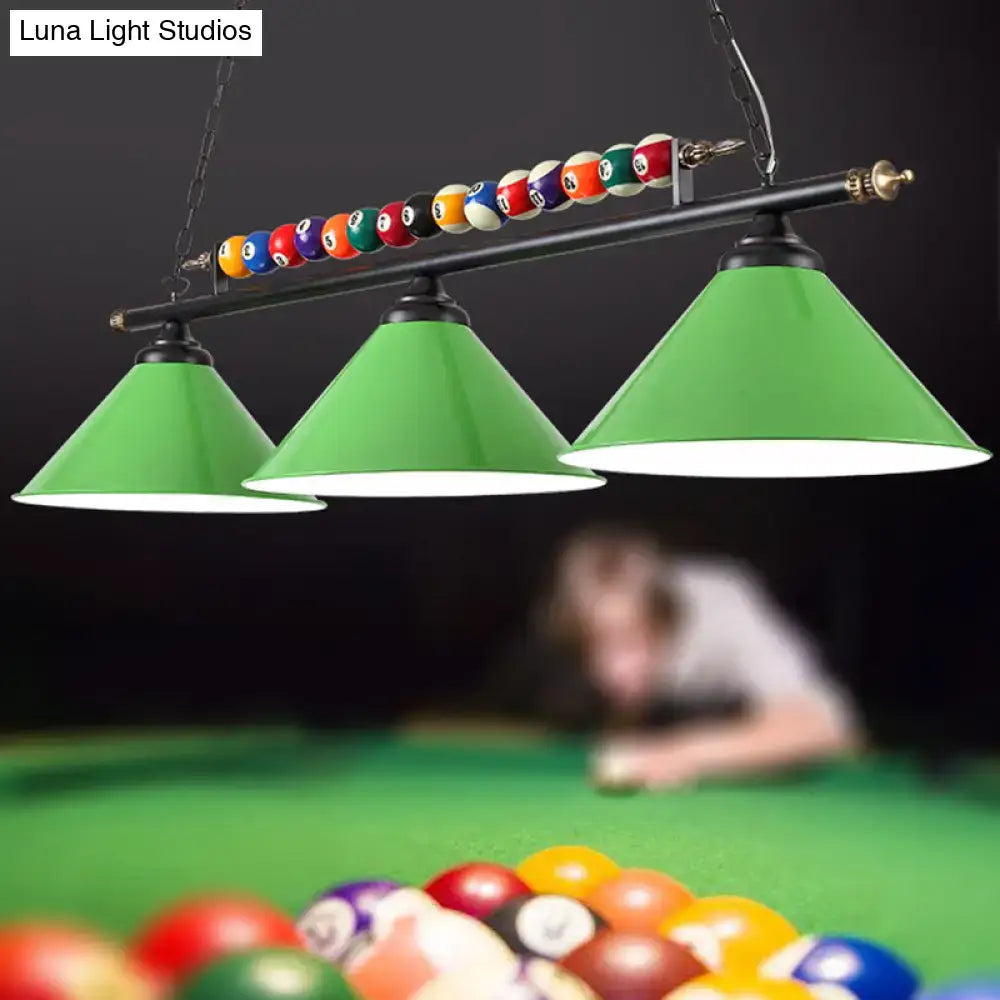 DecorBites™ industrial green conical metal billiard lamp with black frame, brass accents, and colorful billiard balls for country club island lighting