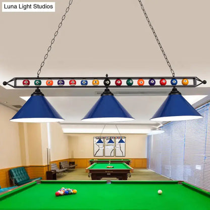 DecorBites industrial blue conical metal billiard lamp with black chains and country club island light design