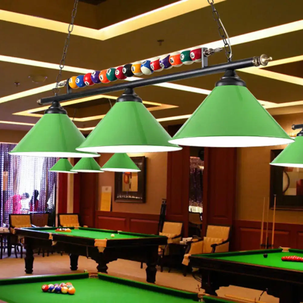 Decorbites industrial green conical metal billiard lamp with black frame and colorful balls for country club island light