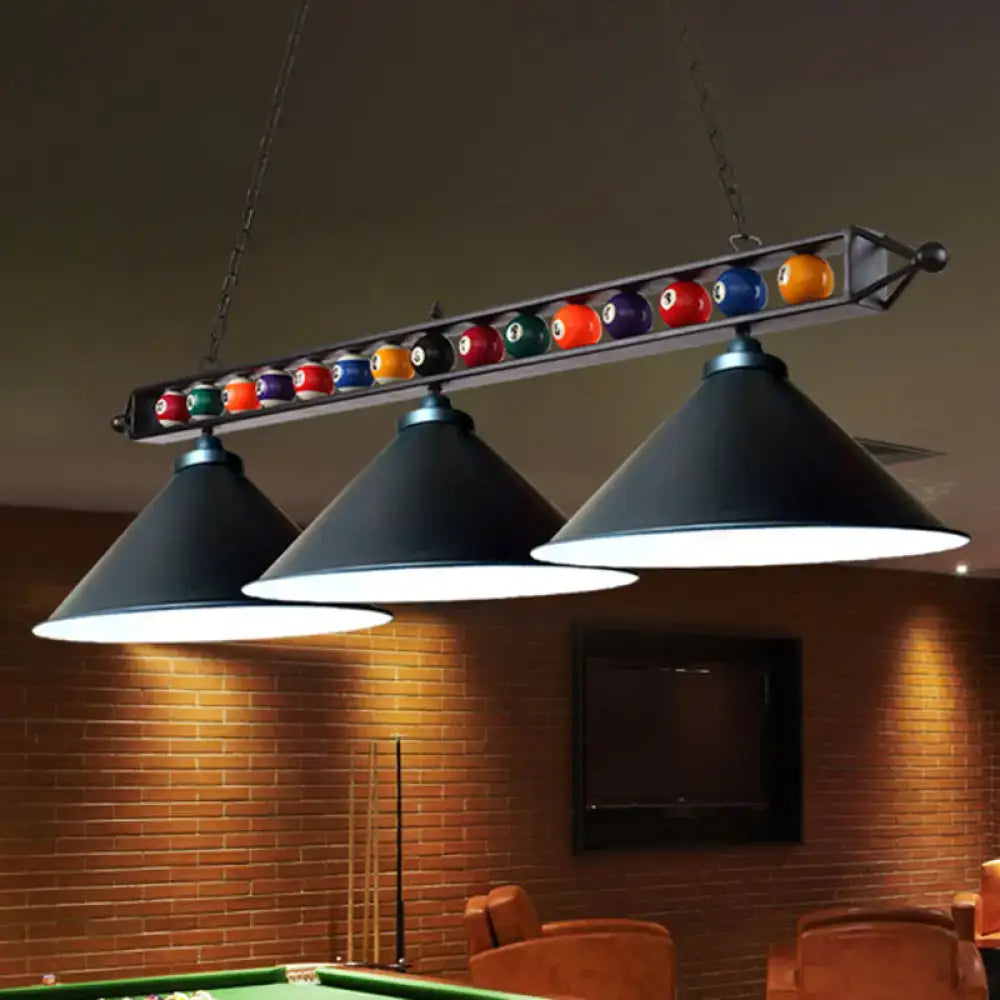 Industrial conical metal billiard lamp with black pendant lights and colorful billiard balls for country club island use
