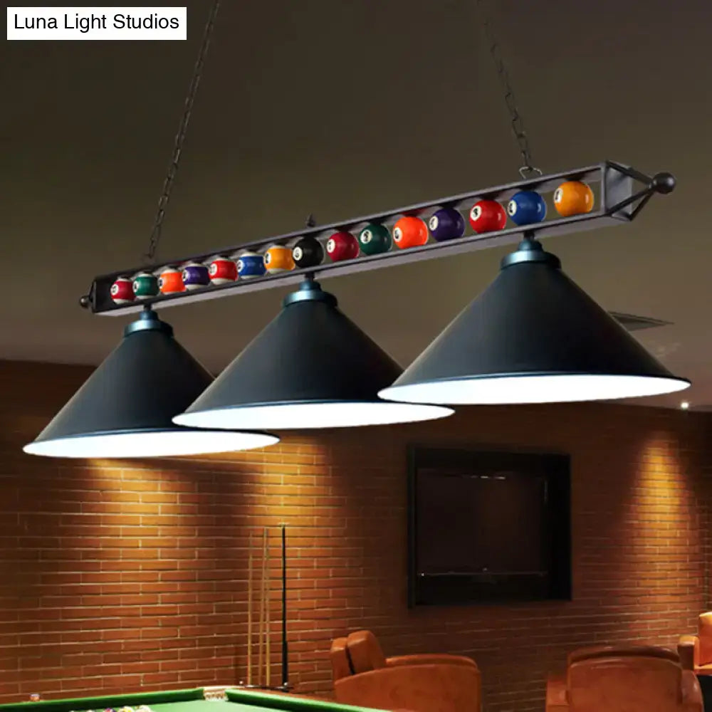 Decorbites industrial conical metal billiard lamp with black pendant lights and colorful billiard balls for country club island
