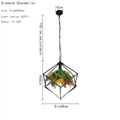 Black metal geometric industrial greenery chandelier with diamond frame, warm lighting, and decorbites industrial style decor