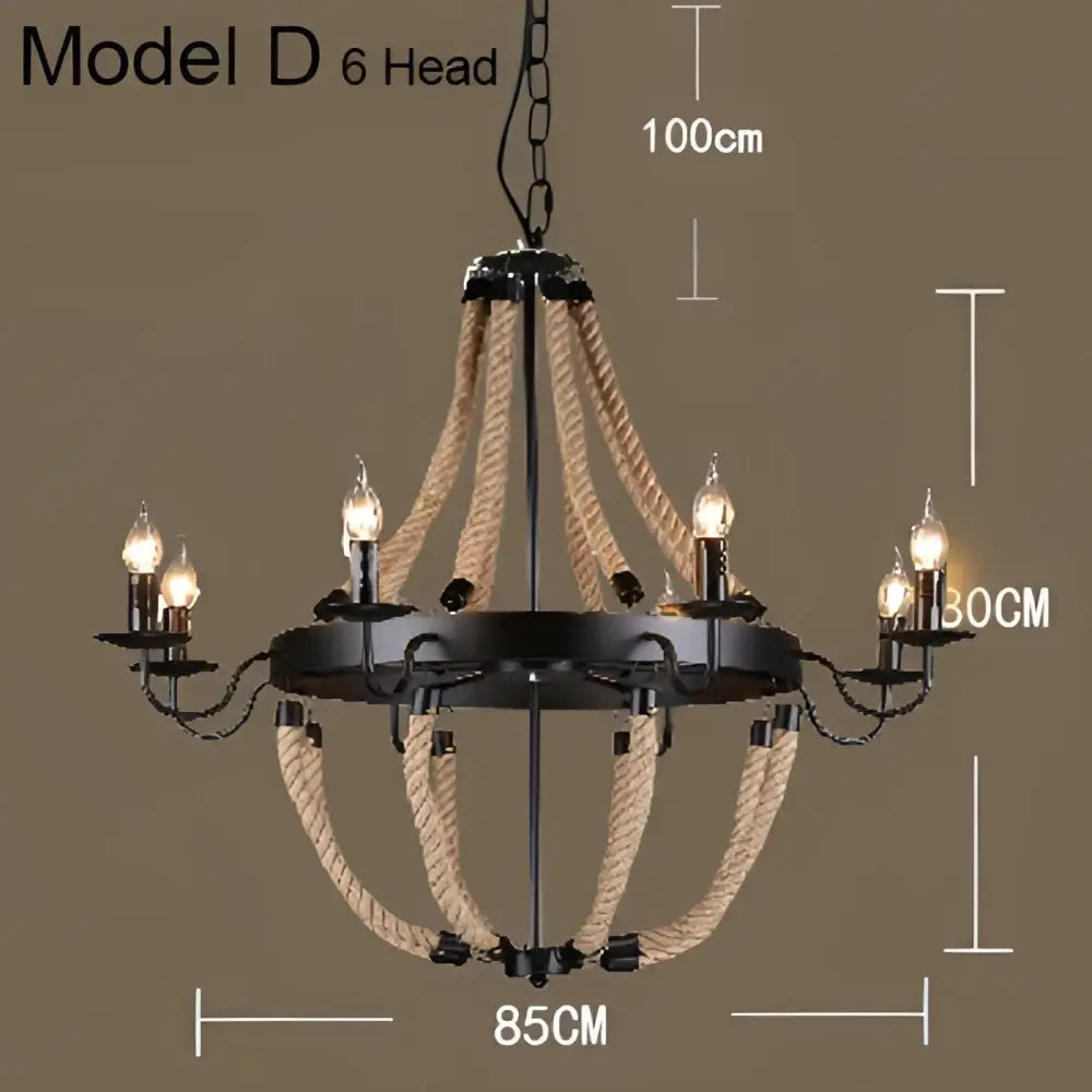 Black metal pendant light with six arms wrapped in industrial hemp rope by decorbites for dining room decor
