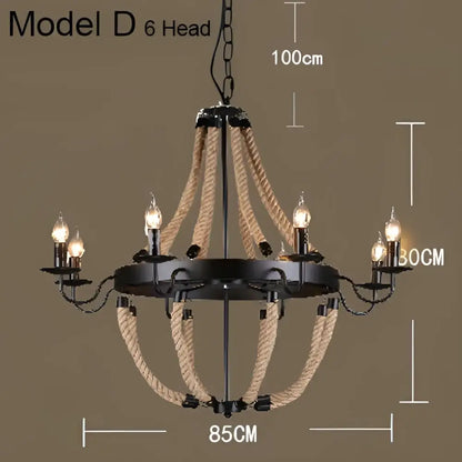 Black metal pendant light with six arms wrapped in industrial hemp rope by decorbites for dining room decor