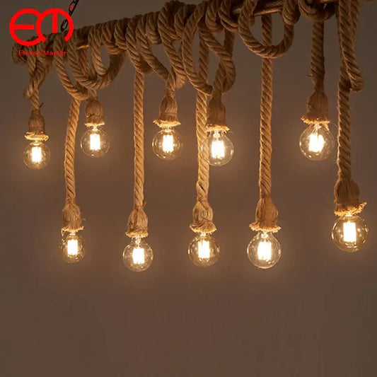 Industrial hemp rope pendant light chandelier featuring multiple glowing glass bulbs wrapped in decorbites hemp rope