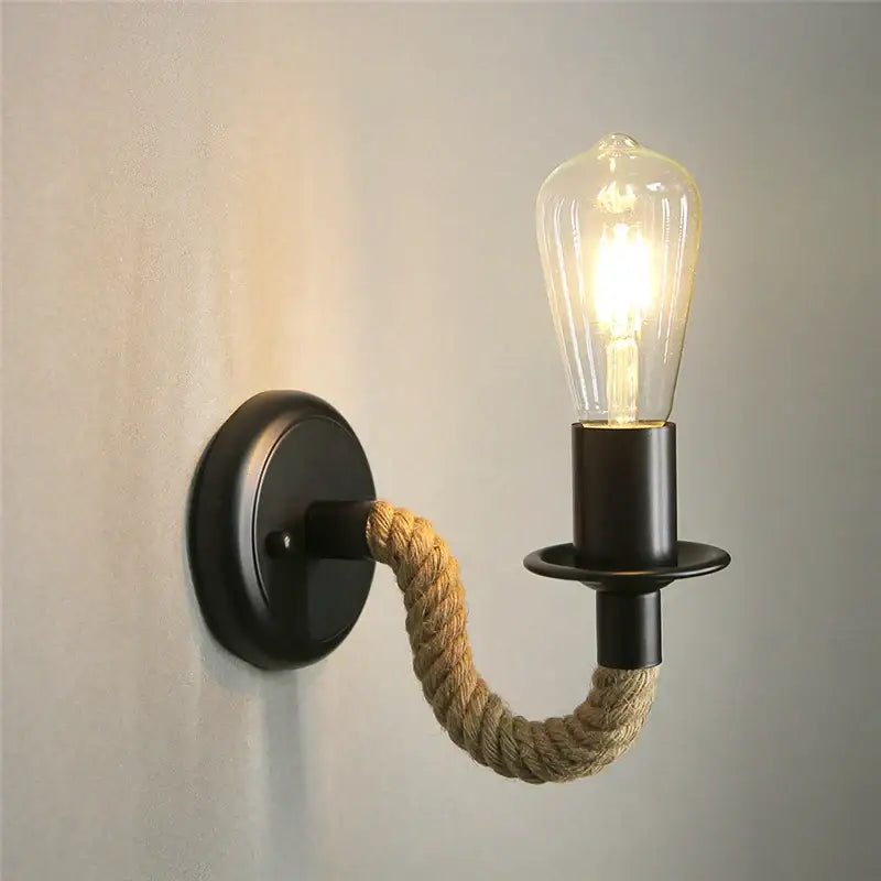 Industrial hemp rope wall lamp with black metal base red valve and exposed Edison bulb for kitchen living room decorbites industrial loft