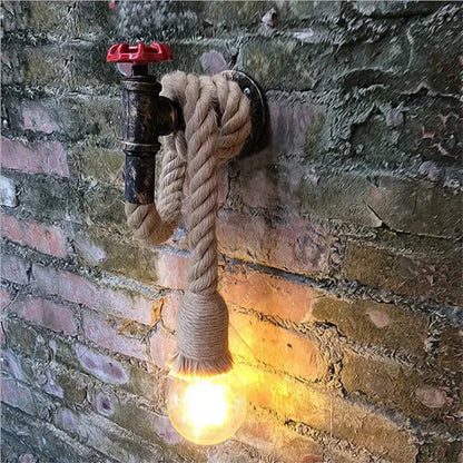 Industrial hemp rope wall lamp with black pipe red valve handle and beige rope for kitchen living room decorbites industrial loft