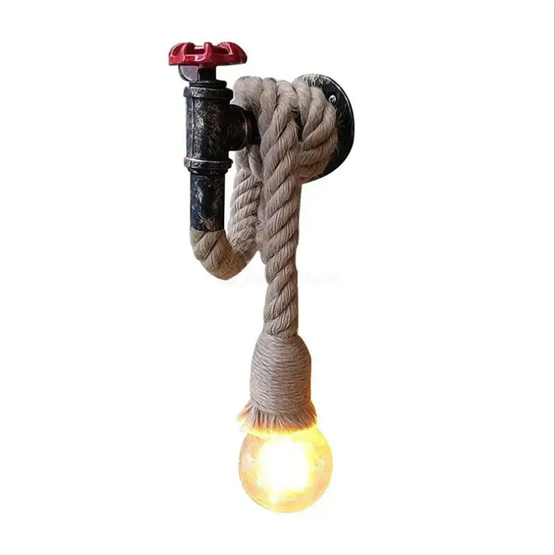 Industrial hemp rope wall lamp with black pipe and red valve, wrapped in thick beige rope, decorbites industrial loft style