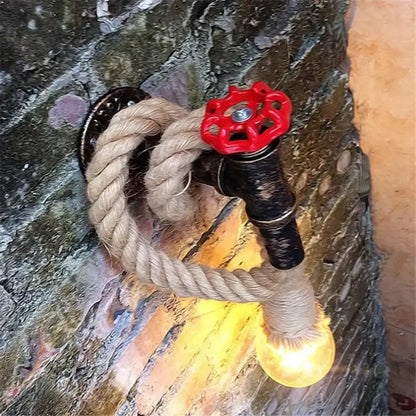 Industrial hemp rope wall lamp with black pipe and red valve handle designed for decorbites industrial loft style