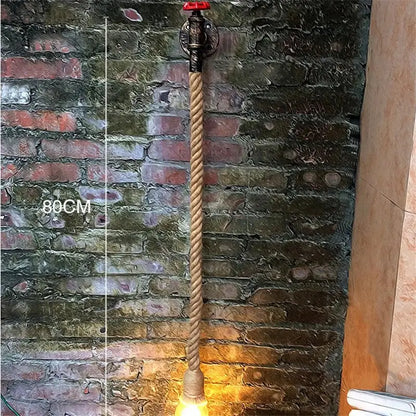 Industrial hemp rope wall lamp with thick natural-fiber rope and red valve handle for kitchen or living room decorbites industrial loft