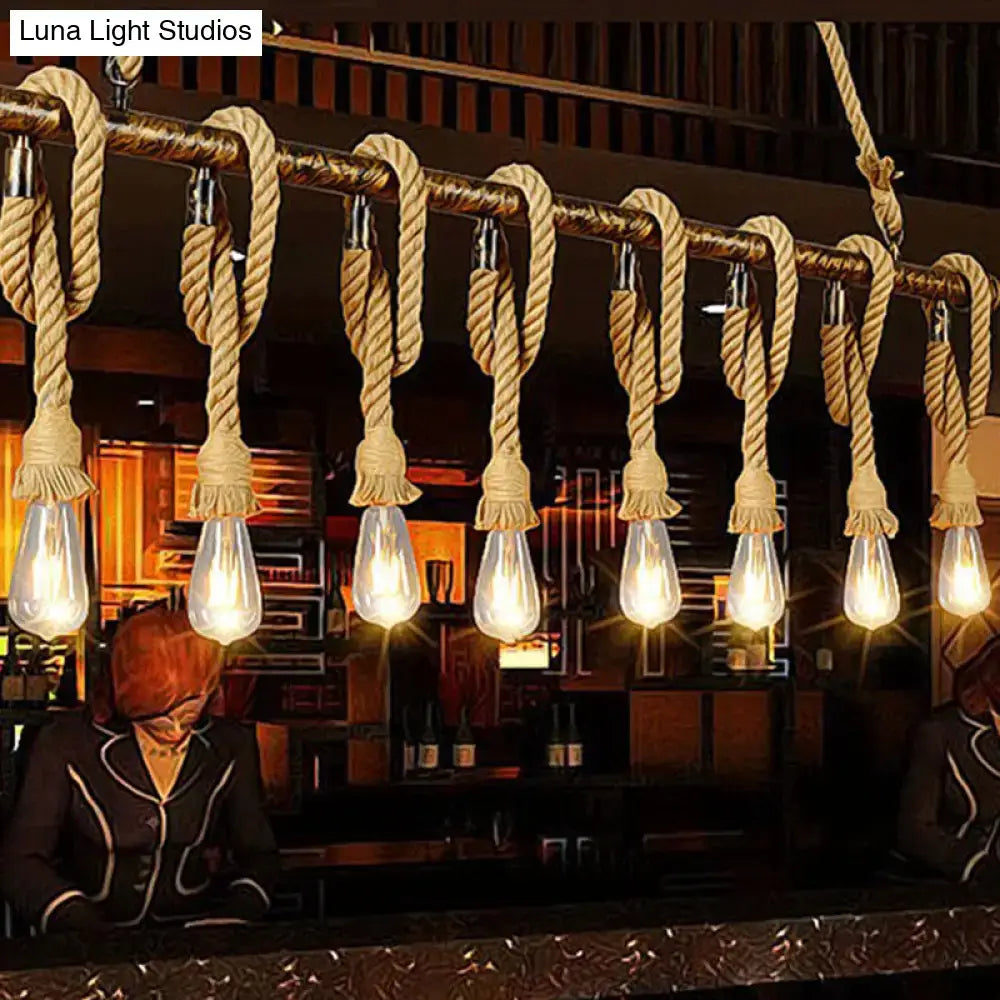 Industrial hemp rope wood chandelier light fixture with exposed filament bulbs for dining room 220v-240v 110v-120v use