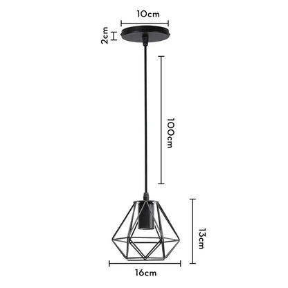 Black geometric pendant lamp with iron cage diamond frame and 10cm diameter ceiling mount by decorbites industrial iron