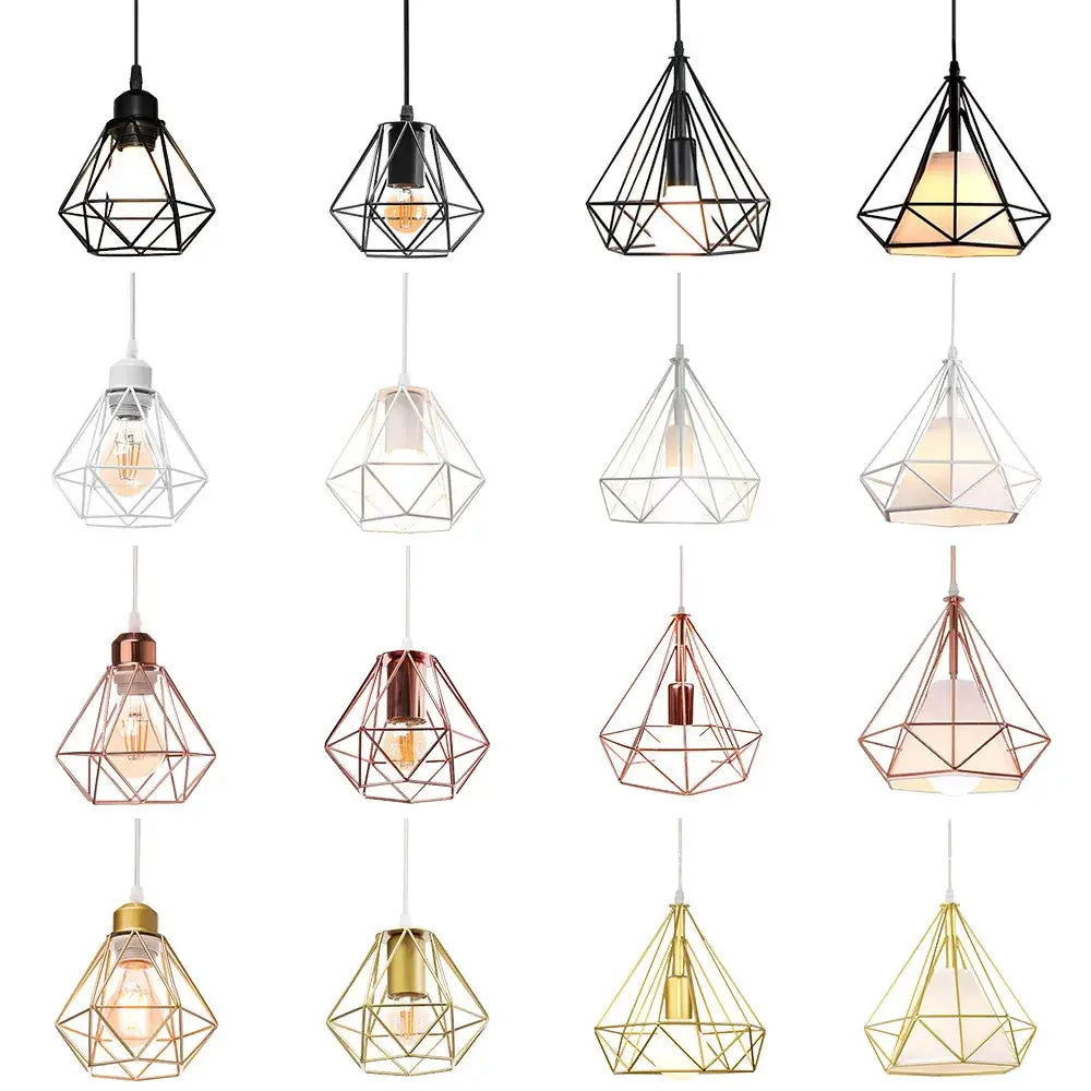 Geometric wireframe pendant lamp in black white rose gold and brass iron cage finishes for kitchen dining room decorbites industrial iron