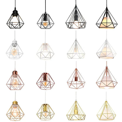 Geometric wireframe pendant lamp in black white rose gold and brass iron cage finishes for kitchen dining room decorbites industrial iron
