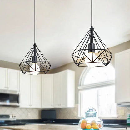 Black geometric iron cage pendant lamp with exposed bulbs for kitchen dining room decorbites industrial iron design