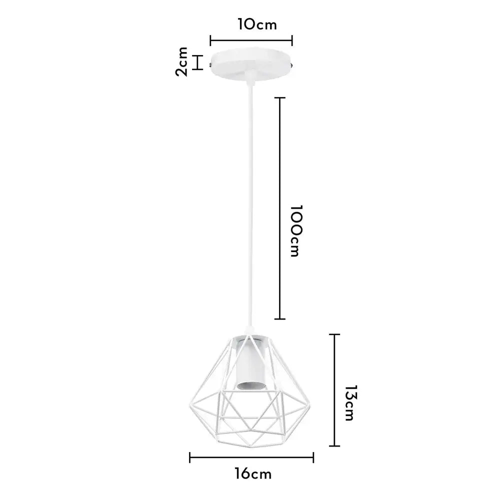 White geometric pendant lamp with minimalist iron cage and cylindrical bulb holder for kitchen or dining room decorbites industrial iron